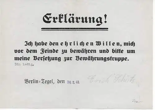 Erklärung zur Versetzung in eine Bewährungseinheit, Berlin-Tegel 1943