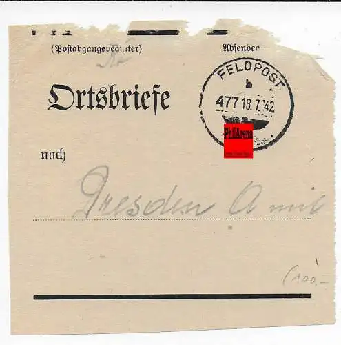 Feldpost: Vorbindezettel für Ortsbriefe: Feldpost 1942 nach Dresden