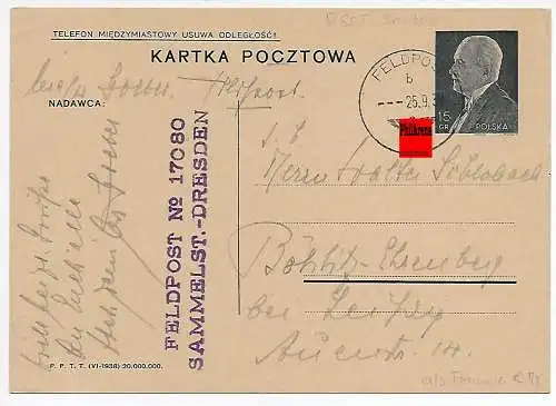Generalgouvernement GG: 25.9.39 polnische Beute-Ganzsache von FPNr. 17080