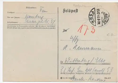 Feldpost: Feldpostsammelstelle Hamburg 1940 nach Wittenberg