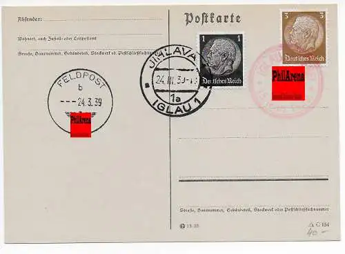 Feldpost: Iglau 24.3.39 mit mehreren Stempeln