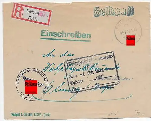 Feldpost: Einschreiben FPNr. L06459 Paris nach Chemnitz 1943