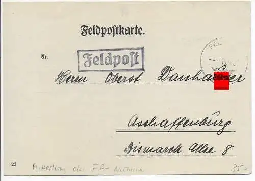 Feldpost: FPNr. 04878, Mitteilung der Feldpostnummer 15.9.39