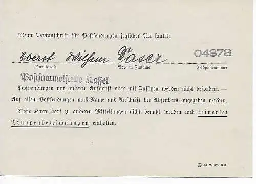 Feldpost: FPNr. 04878, Mitteilung der Feldpostnummer 15.9.39