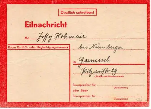 DR: Eilnachricht Lebenszeichen: 4.10.44 München, von Garmisch