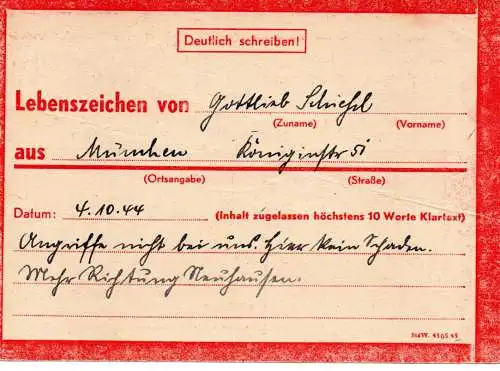 DR: Eilnachricht Lebenszeichen: 4.10.44 München, von Garmisch