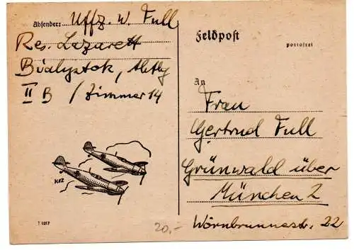 Feldpost: Lazarett Bialystok 1942 nach Leipzig, Flugzeuge auf Feldpostkarte