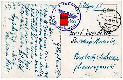 Feldpost: Arbeitsdienst 1940 nach Neustadt als AK Gillenfeld
