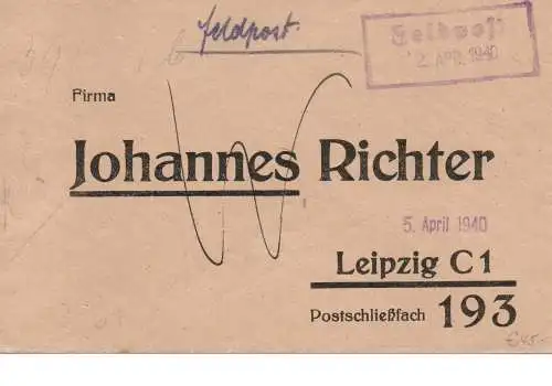 Feldpost: FPNr. 07285, Verpflegung, Vordruckbrief 1940 nach Leipzig