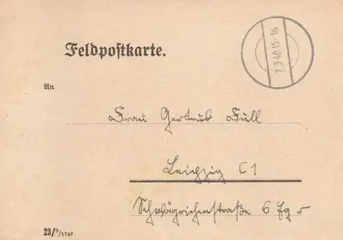 Feldpost: Mitteilung der Feldpostnummer: FPNr. 35357 nach Leipzig 1940