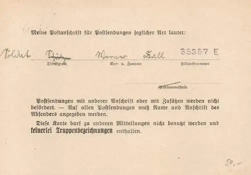 Feldpost: Mitteilung der Feldpostnummer: FPNr. 35357 nach Leipzig 1940