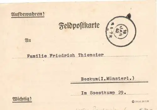Feldpost: Mitteilung der Feldpostnummer: FPNr. 32417 nach Beckum
