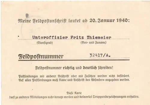 Feldpost: Mitteilung der Feldpostnummer: FPNr. 32417 nach Beckum