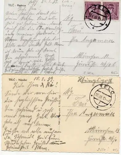 2x AK Telč - Radnice und Námesti 1939