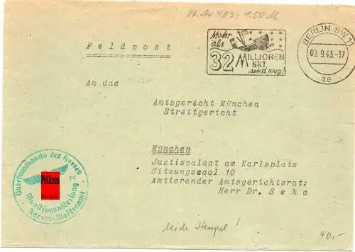 Feldpost: Berlin OKH Munitionsabteilung 1943 nach München