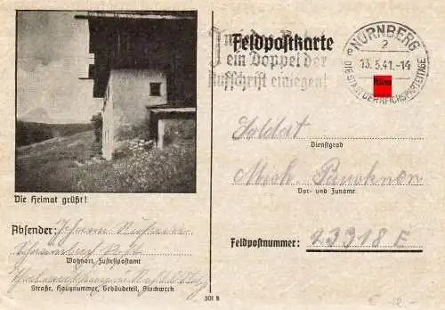 Feldpost: Nürnberg Feldpostkarte 1941 an FÜNr. 23318E