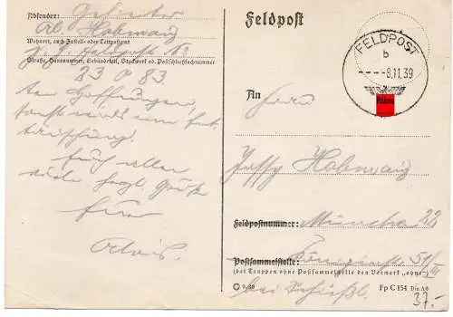 Feldpost: frühe Feldpost 8.11.39 von FPNr. 23083 nach München, Postsammelstelle