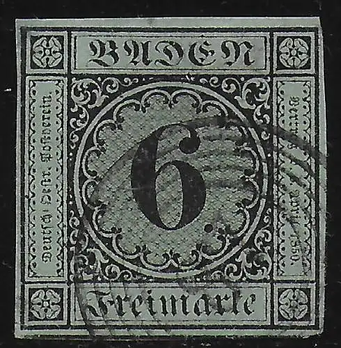 Baden: MiNr. 3, gestempelt, Luxusstück mit allen Rändern