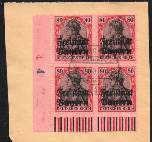 Bayern: MiNr. 147 WUR, Eckrand 4er Block VE3, gestempelt