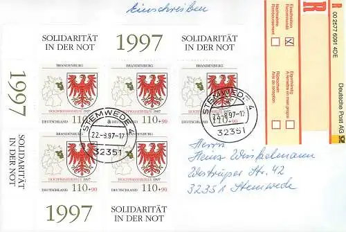 Bund: Einschreiben Stemwede mit MiNr. 1941, Mehrfachfrankatur