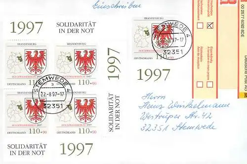 Bund: Einschreiben Stemwede mit MiNr. 1941 Mehrfachfrankatur