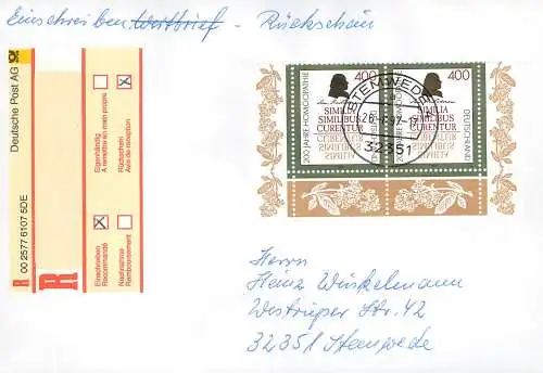 Bund: Einschreiben Rückschein Stemwede mit MiNr. 1880, Mehrfachfrankatur