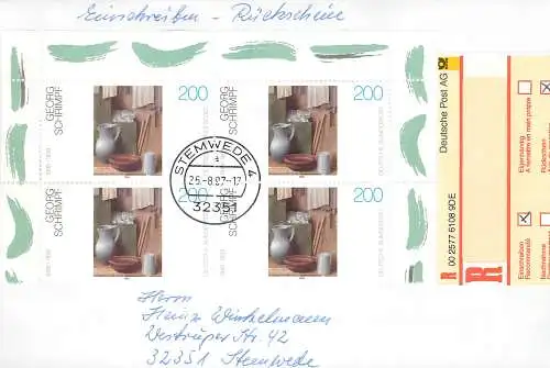 Bund: Einschreiben Rückschein Stemwede mit MiNr. 1775, Mehrfachfrankatur