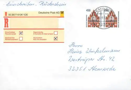 Bund: Einschreiben Rückschein Stemwede mit MiNr. 1623, Mehrfachfrankatur