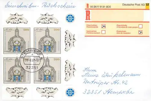 Bund: Einschreiben Rückschein Stemwede mit MiNr. 1787, Mehrfachfrankatur