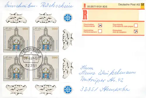 Bund: Einschreiben Rückschein Stemwede mit MiNr. 1787, Mehrfachfrankatur