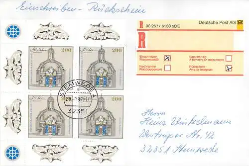Bund: Einschreiben Rückschein Stemwede mit MiNr. 1787 Mehrfachfrankatur