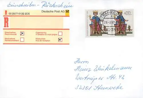 Bund: Einschreiben Rückschein Stemwede mit MiNr. 1738, Mehrfachfrankatur