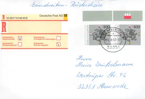 Bund: Einschreiben Rückschein Stemwede mit MiNr. 1805, Mehrfachfrankatur