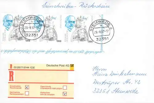 Bund: Einschreiben Rückschein Stemwede mit MiNr. 1942, Mehrfachfrankatur