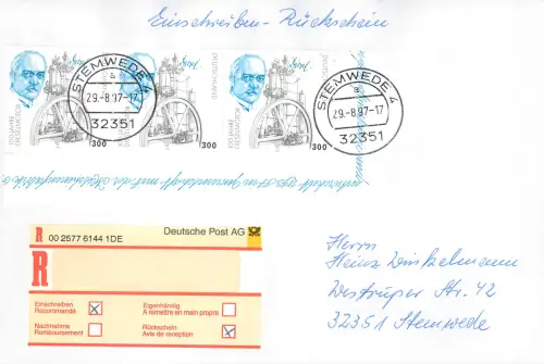 Bund: Einschreiben Rückschein Stemwede mit MiNr. 1942, Mehrfachfrankatur