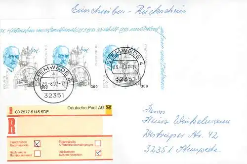 Bund: Einschreiben Rückschein Stemwede mit MiNr. 1942 Mehrfachfrankatur