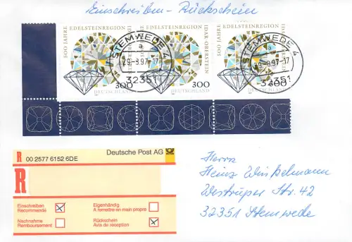 Bund: Einschreiben Rückschein Stemwede mit MiNr. 1911, Mehrfachfrankatur