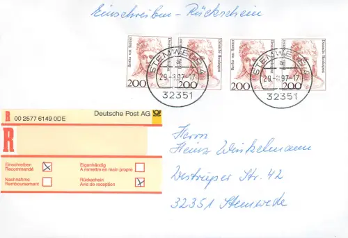 Bund: Einschreiben Rückschein Stemwede mit MiNr. 1498, Mehrfachfrankatur