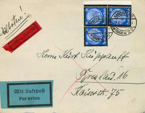 DR: Eilboten Luftpost Karlsruhe nach Breslau 1935, MeF