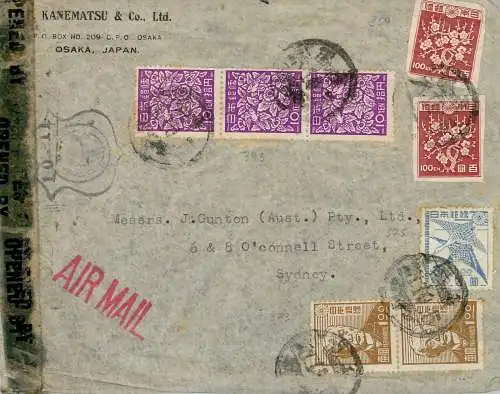 Japan: Osaka nach Sydney, Air Mail mit US-Zensur 