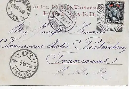 Zanzibar: Ansichtskarte 1898 nach Transvaal