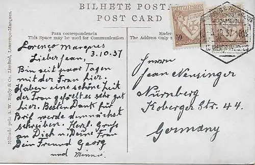 Mocambique 1937: Ansichtskarte Lourenco Marques nach Nürnberg