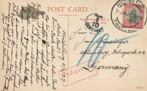 Südafrika: Middle Falls, Transvaal 1927 nach Nürnberg und zurück, Taxe
