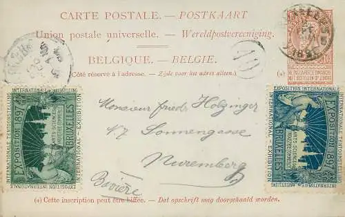 Belgien: post card Bruxelles to Nürnberg 1897
