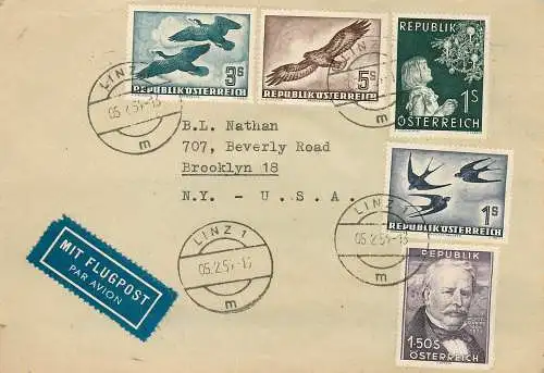 Österreich 1954 Vögel, Luftpostbrief nach USA, überfrankiert