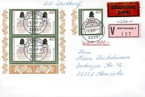 Bund: Eilbote Wertbrief Stemwede mit MiNr. 1880, Mehrfachfrankatur