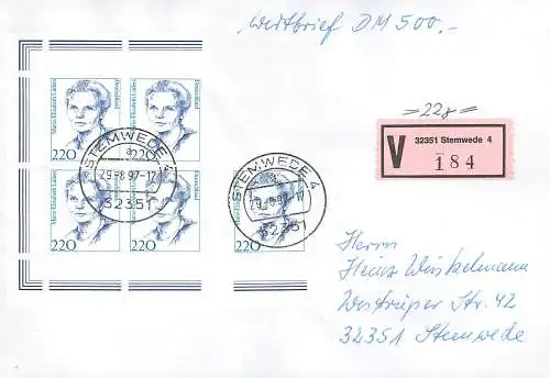 Bund: Wertbrief Stemwede mit MiNr. 1940, Mehrfachfrankatur