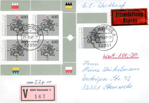 Bund: Eilbote Wertbrief Stemwede mit MiNr. 1805, Mehrfachfrankatur