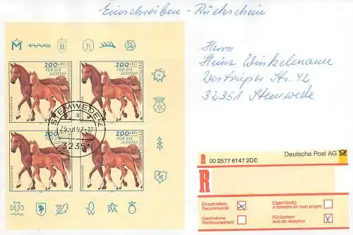 Bund: Einschreiben Rückschein Stemwede mit MiNr. 1924, Mehrfachfrankatur