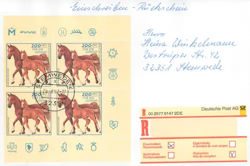 Bund: Einschreiben Rückschein Stemwede mit MiNr. 1924, Mehrfachfrankatur